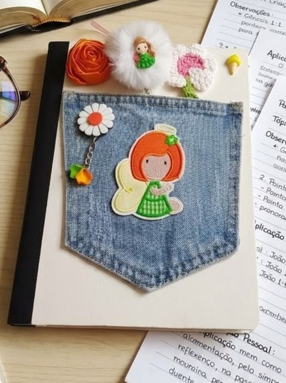 Notebook Orange Hair Fairy Patch Denim Pocket Includes Pen And Bookmarks